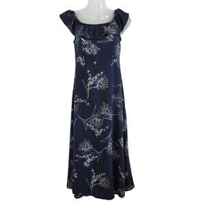 Carly Jean Off The Shoulder Midi Dress Ruffled Floral Navy Blue White Size Small
